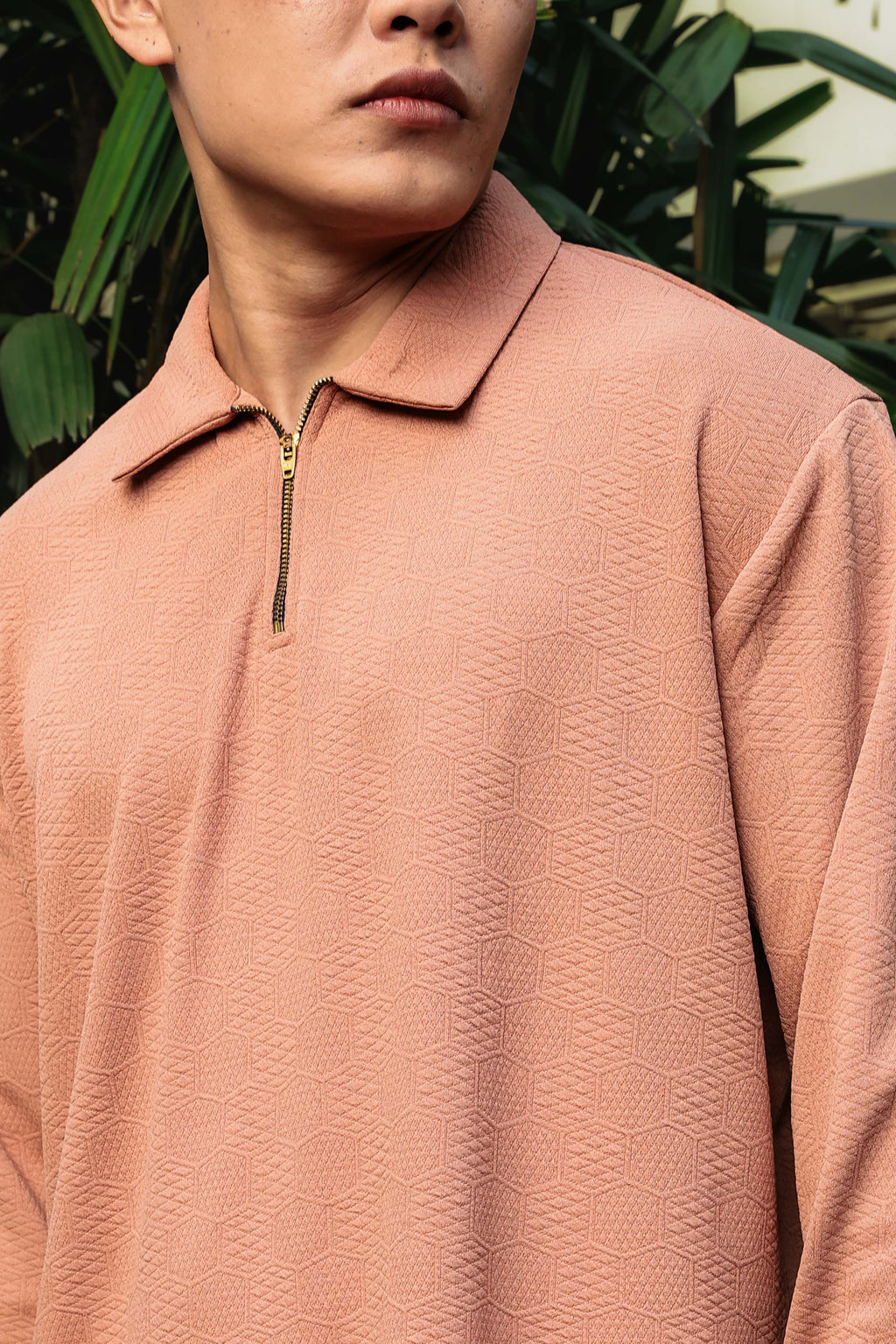 Brown Solid Textured Cable Knit Drop-Shoulder Relaxed Fit Polo Neck Full Sleeve T-Shirt