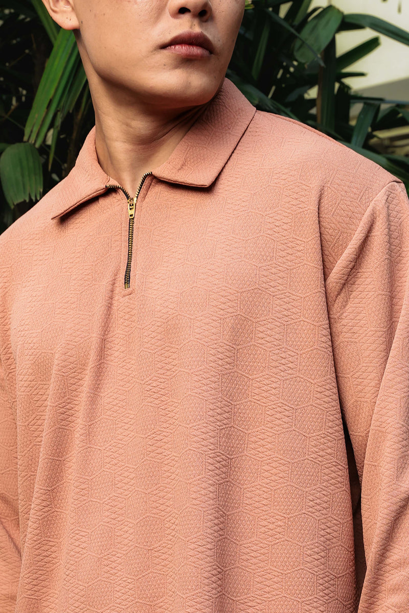 Brown Solid Textured Cable Knit Drop-Shoulder Relaxed Fit Polo Neck Full Sleeve T-Shirt