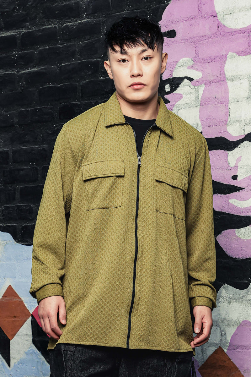Olive Textured Drop-Shoulder Relaxed Fit Shirt Zipper Shacket