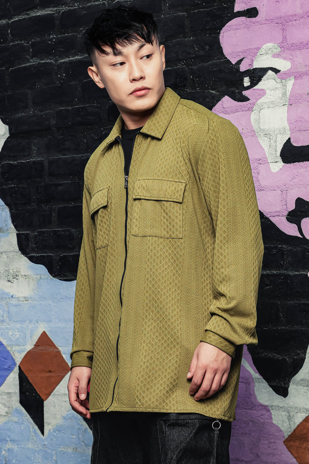 Olive Textured Drop-Shoulder Relaxed Fit Shirt Zipper Shacket