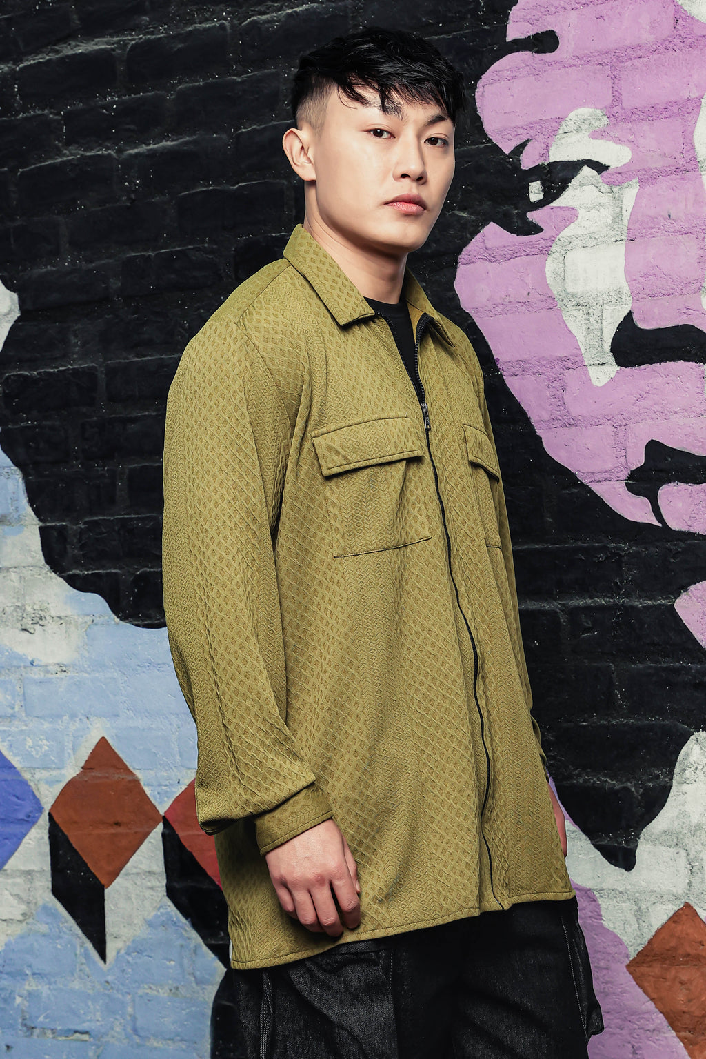 Olive Textured Drop-Shoulder Relaxed Fit Shirt Zipper Shacket