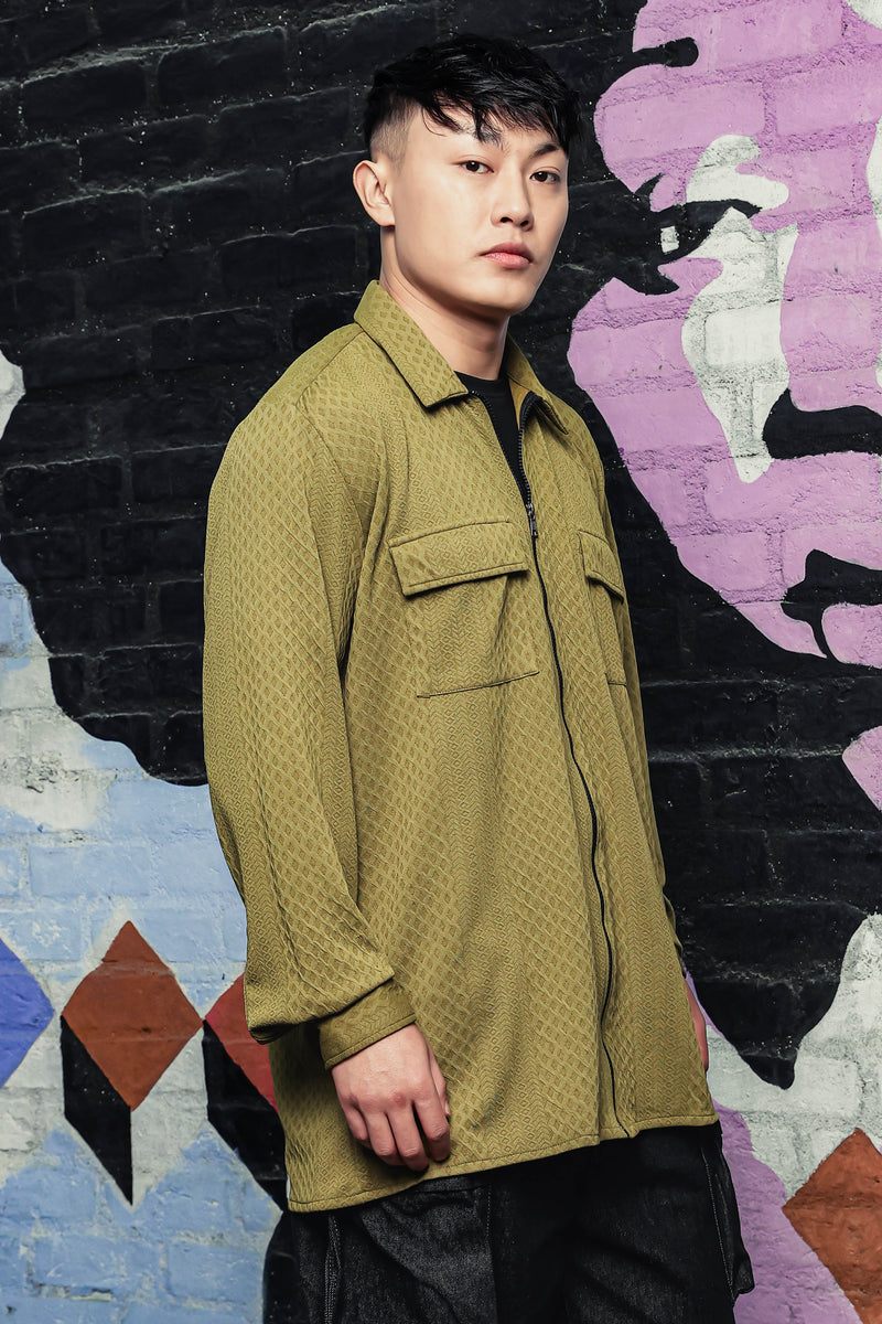 Olive Textured Drop-Shoulder Relaxed Fit Shirt Zipper Shacket