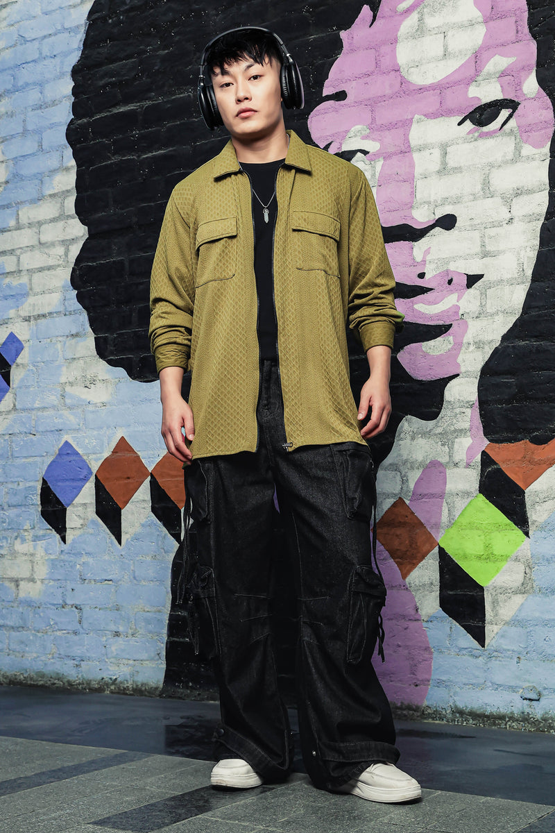 Olive Textured Drop-Shoulder Relaxed Fit Shirt Zipper Shacket