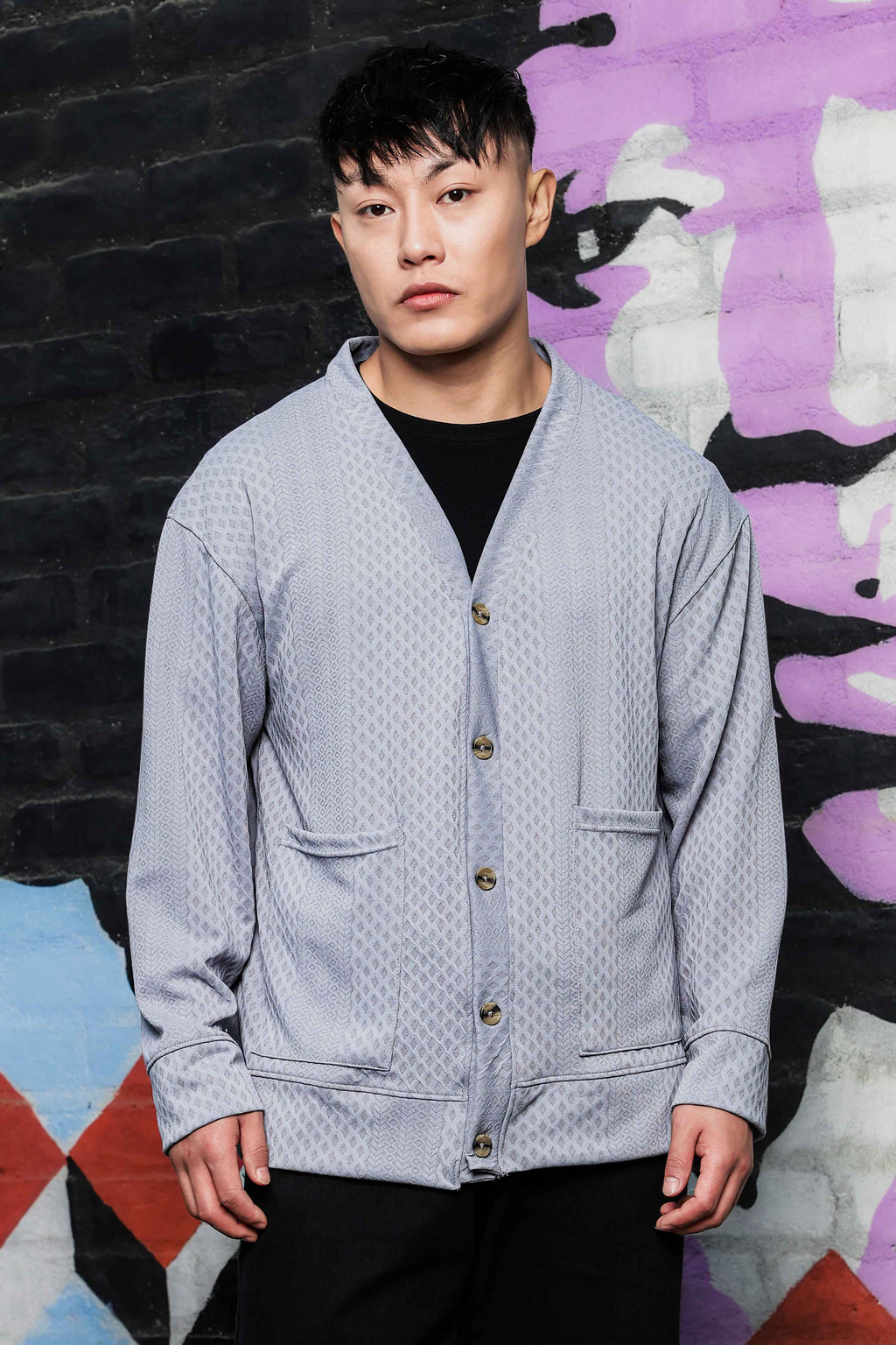 Grey Textured & Self Design V-Neck Knitted Cardigan