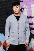 Grey Textured & Self Design V-Neck Knitted Cardigan