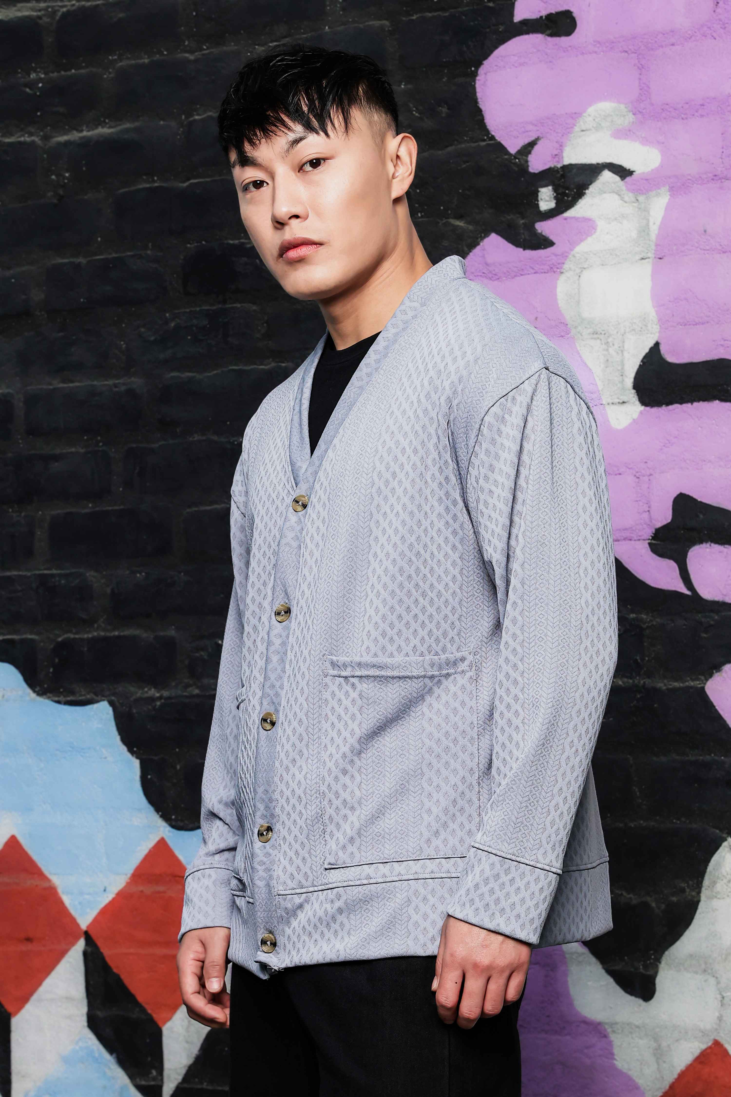 Grey Textured & Self Design V-Neck Knitted Cardigan