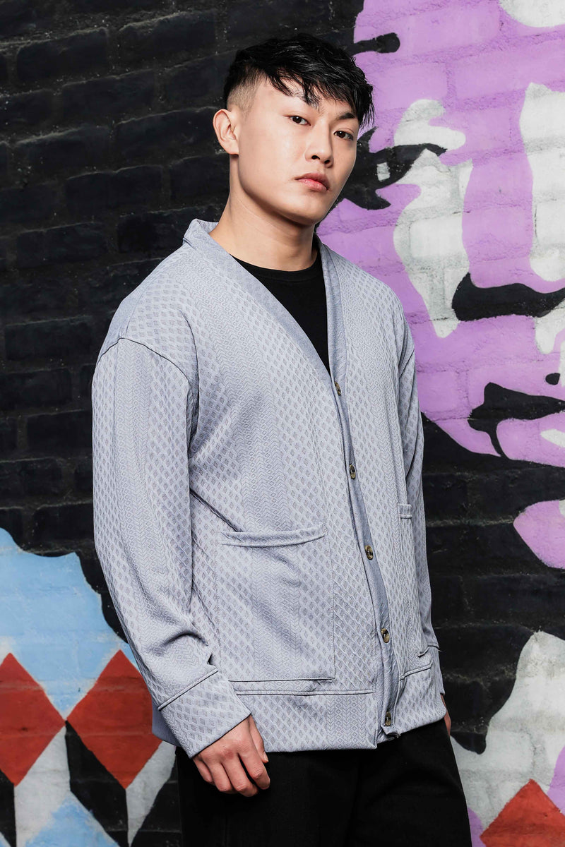 Grey Textured & Self Design V-Neck Knitted Cardigan