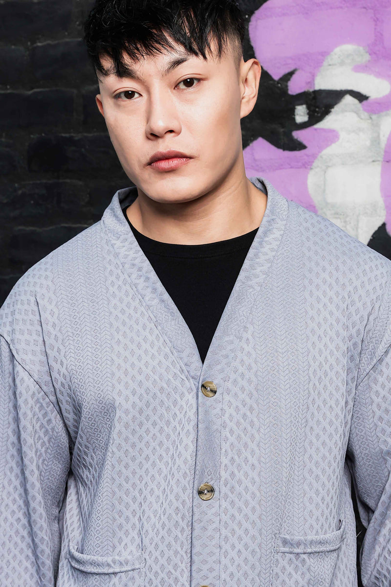 Grey Textured & Self Design V-Neck Knitted Cardigan