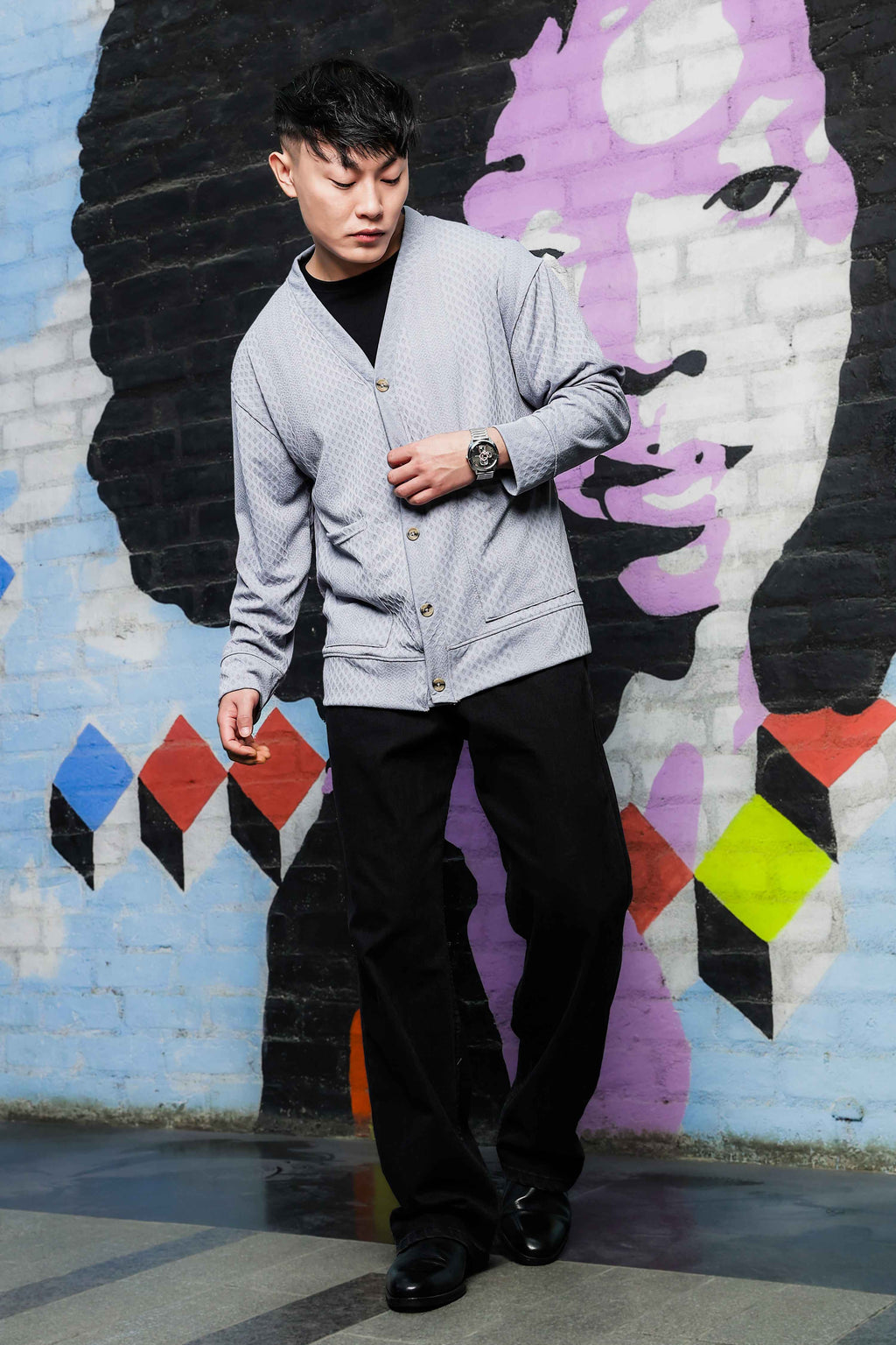 Grey Textured & Self Design V-Neck Knitted Cardigan