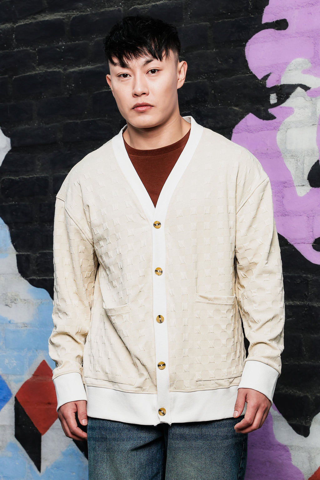 Off-White Textured & Self Design V-Neck Knitted Cardigan