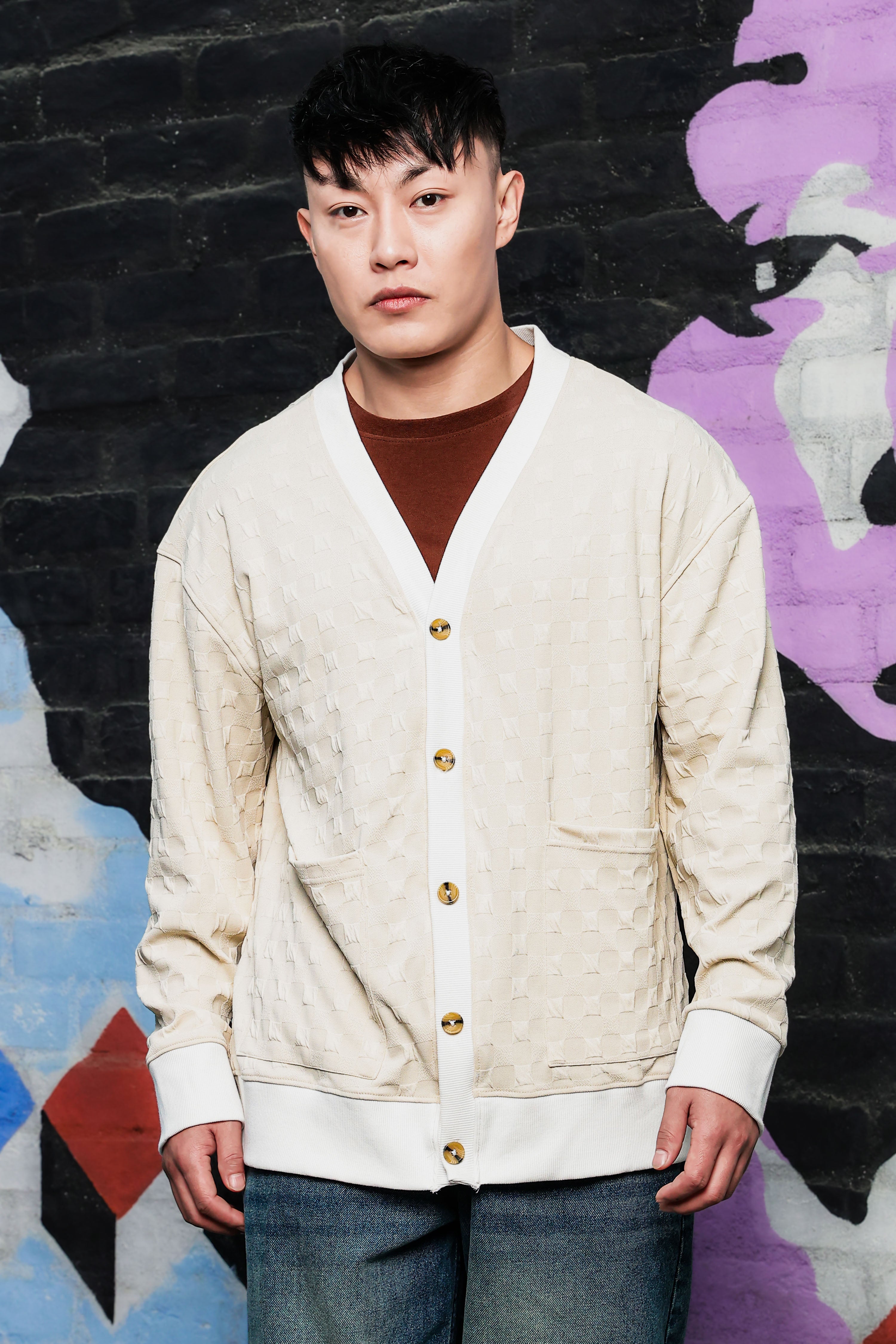 Off-White Textured & Self Design V-Neck Knitted Cardigan