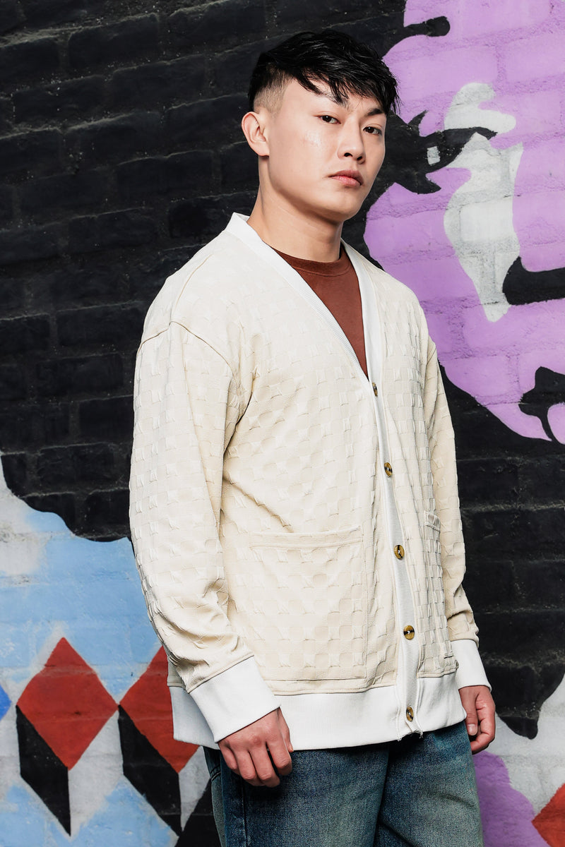 Off-White Textured & Self Design V-Neck Knitted Cardigan