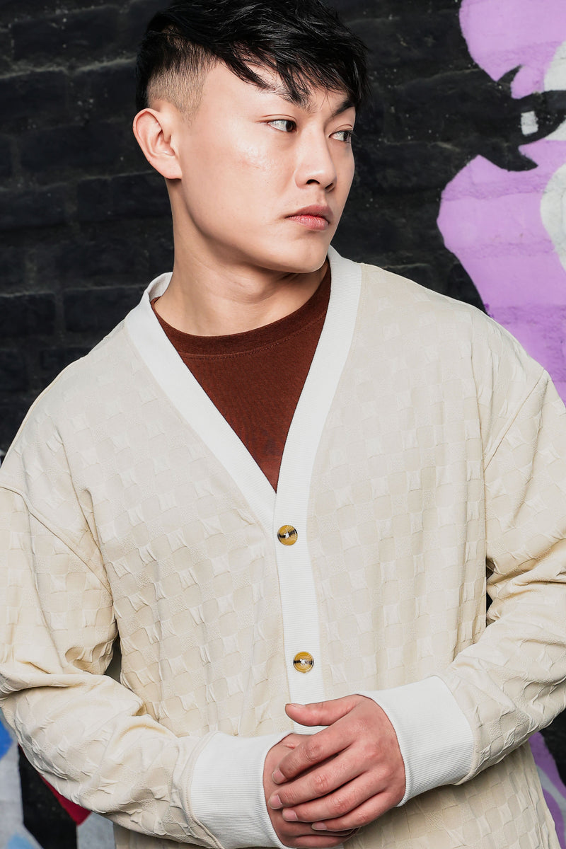Off-White Textured & Self Design V-Neck Knitted Cardigan