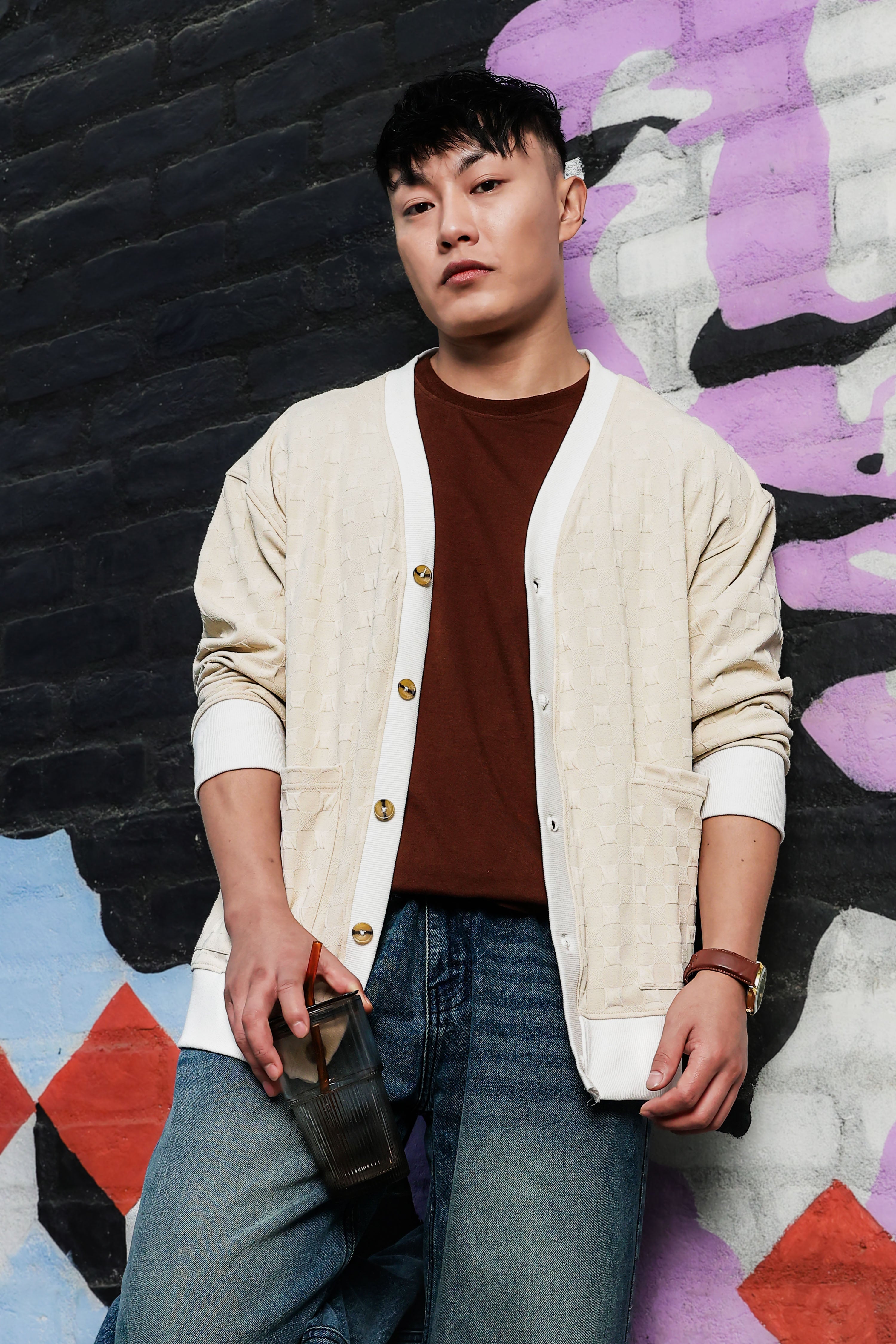 Off-White Textured & Self Design V-Neck Knitted Cardigan
