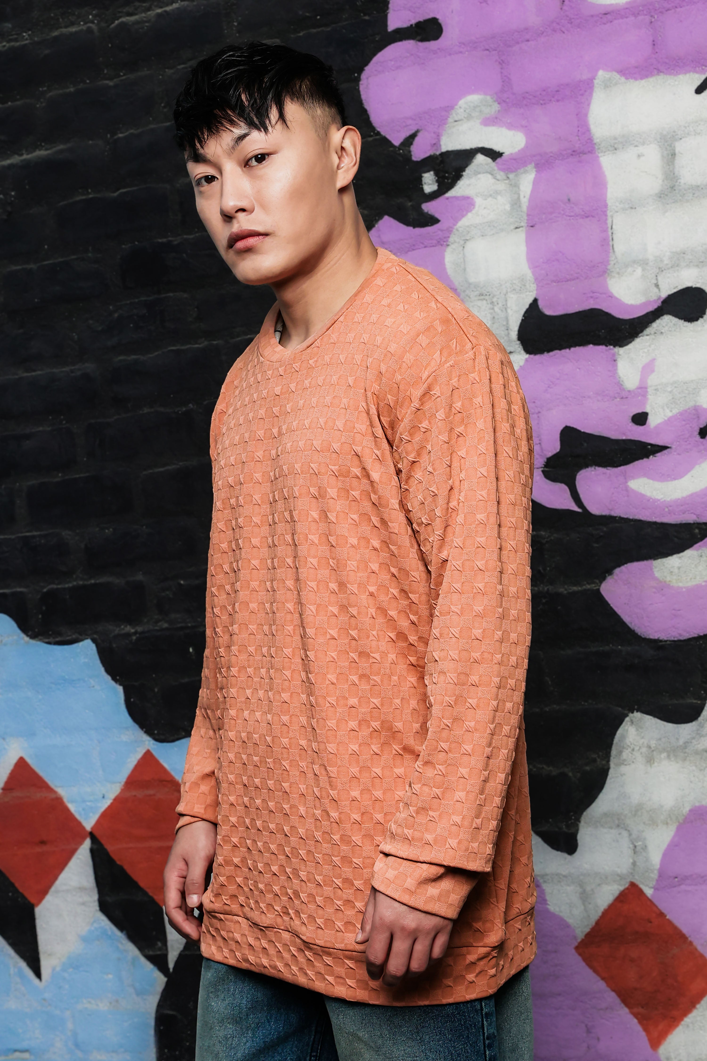 Brown Solid Textured Knitted Drop-Shoulder Relaxed Fit Pullover Sweatshirt