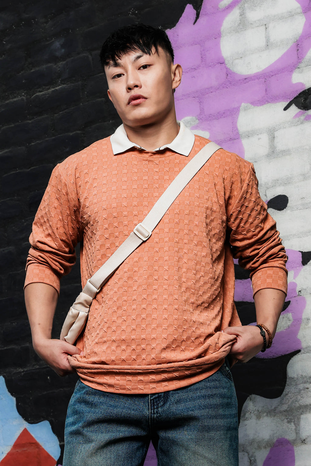 Brown Solid Textured Knitted Drop-Shoulder Relaxed Fit Pullover Sweatshirt