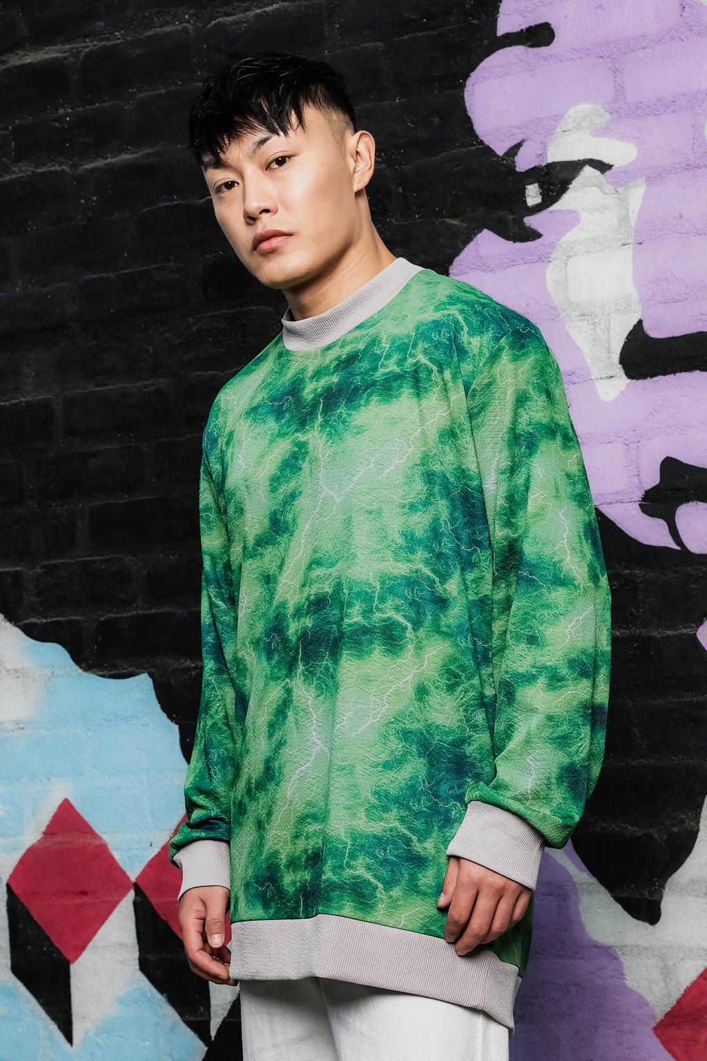 Grey & Green Abstract Printed Drop-Shoulder Relaxed Fit Pullover Sweatshirt