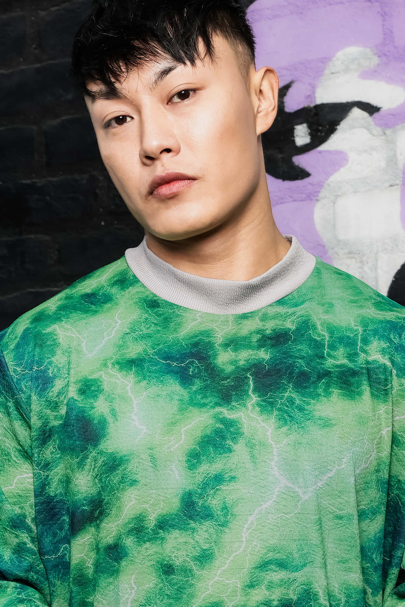 Grey & Green Abstract Printed Drop-Shoulder Relaxed Fit Pullover Sweatshirt