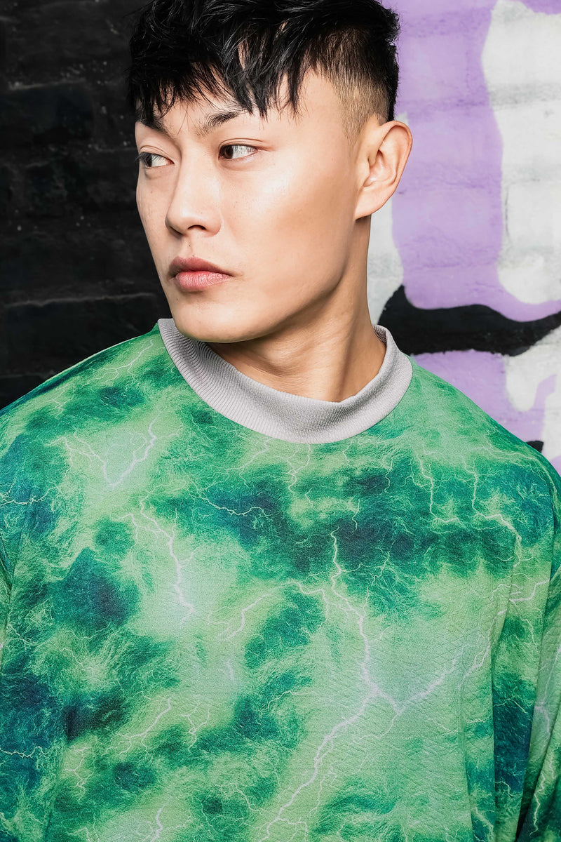 Grey & Green Abstract Printed Drop-Shoulder Relaxed Fit Pullover Sweatshirt