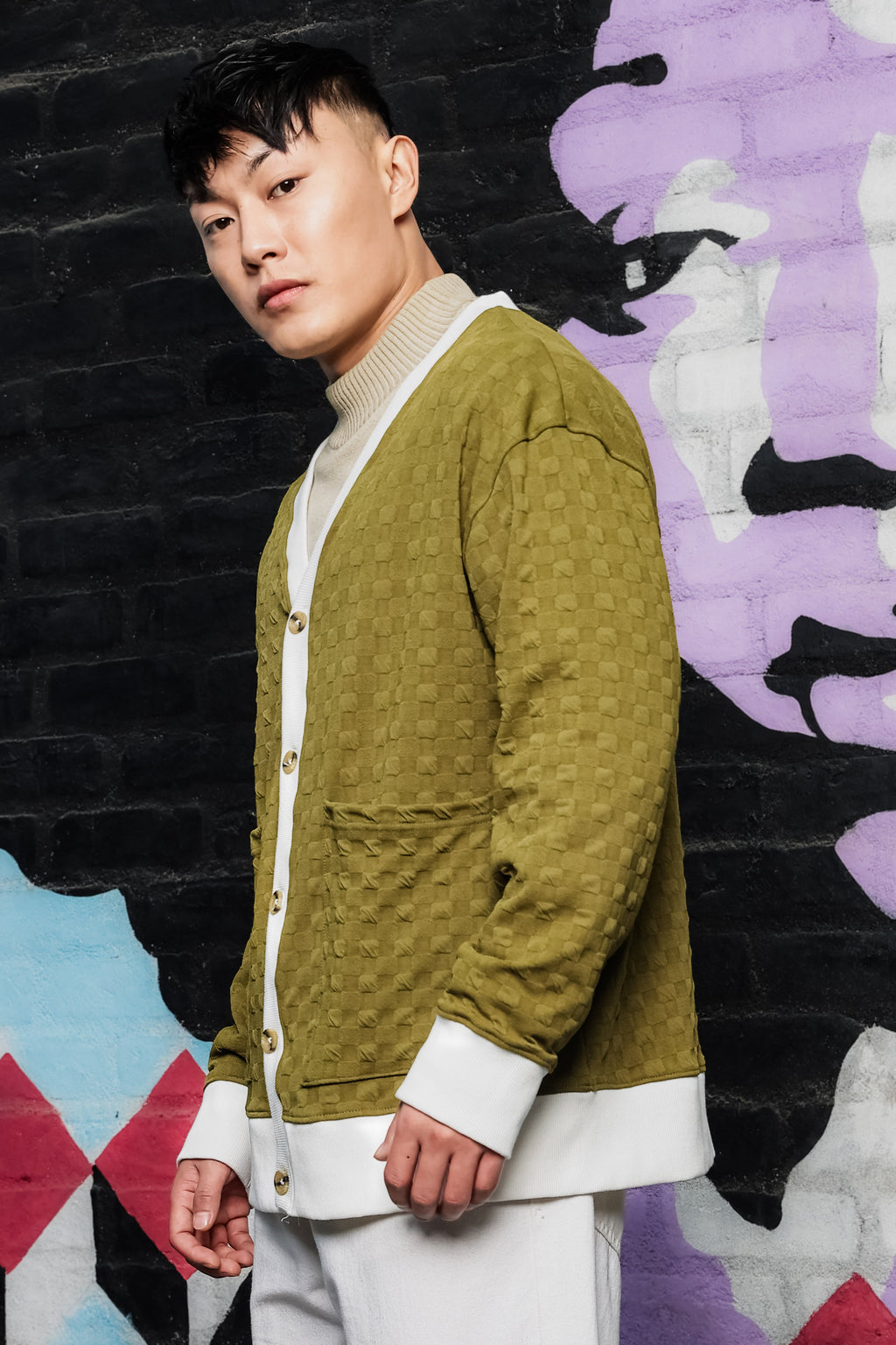 Olive Textured & Self Design V-Neck Knitted Cardigan