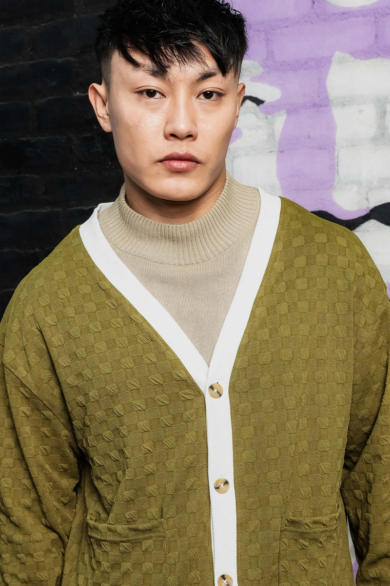 Olive Textured & Self Design V-Neck Knitted Cardigan