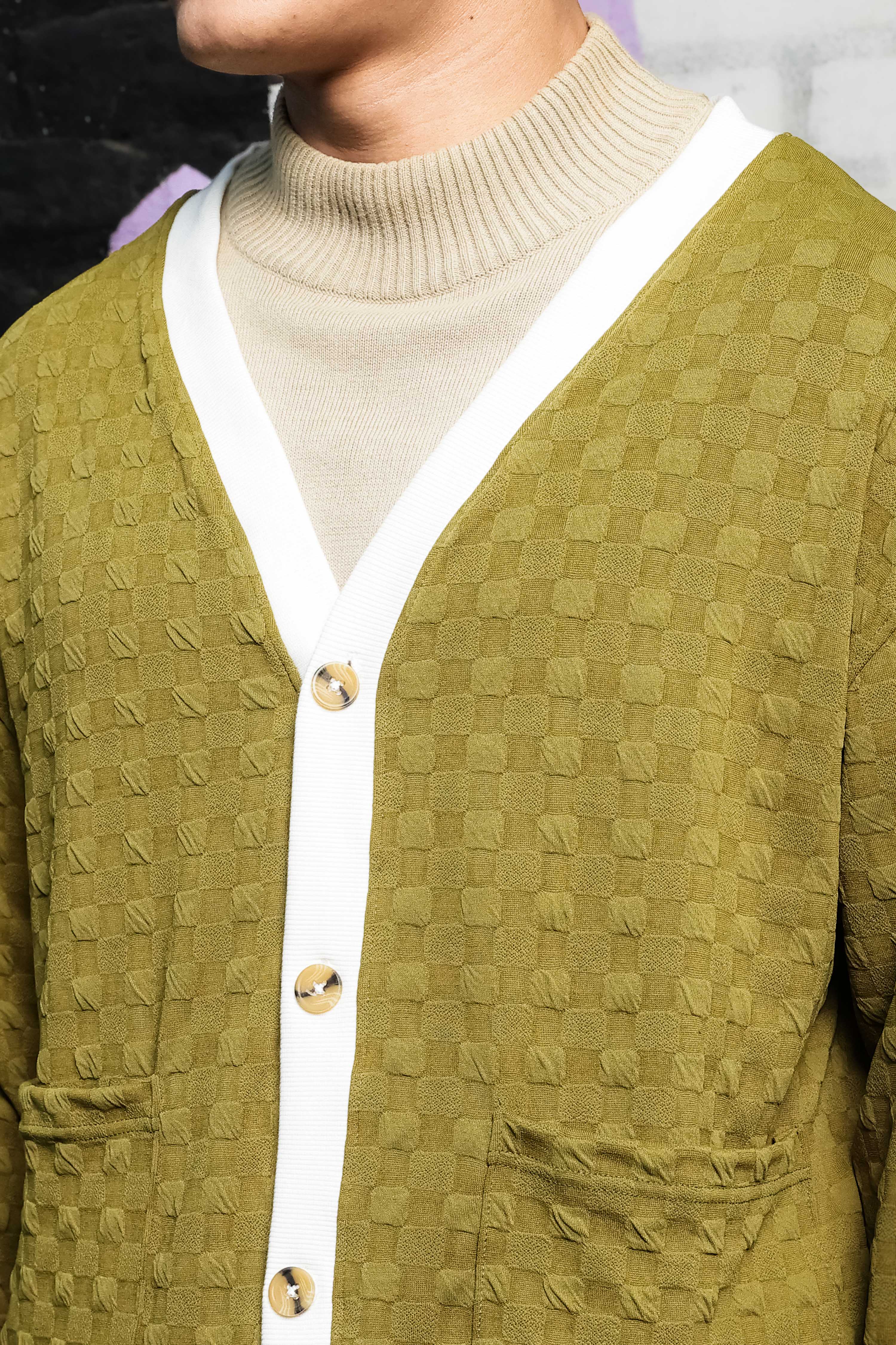 Olive Textured & Self Design V-Neck Knitted Cardigan
