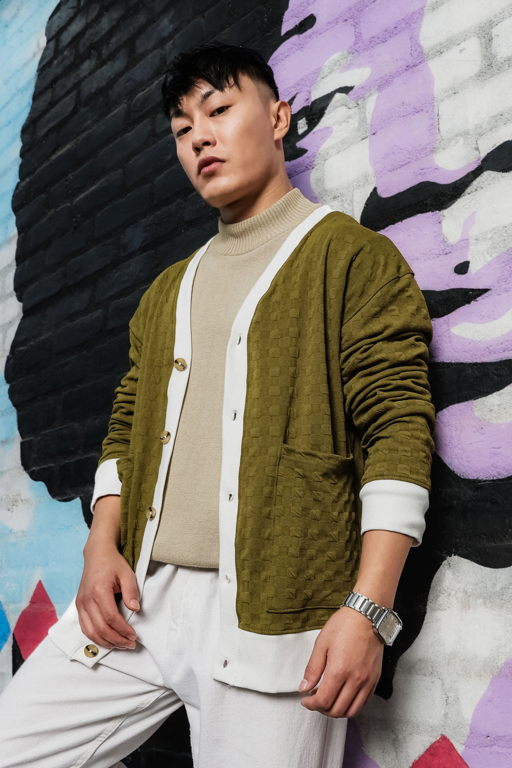 Olive Textured & Self Design V-Neck Knitted Cardigan