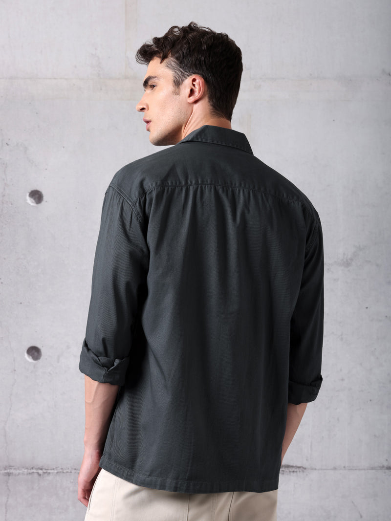 Solid Cotton Twill Shirt for Men - Dark Grey