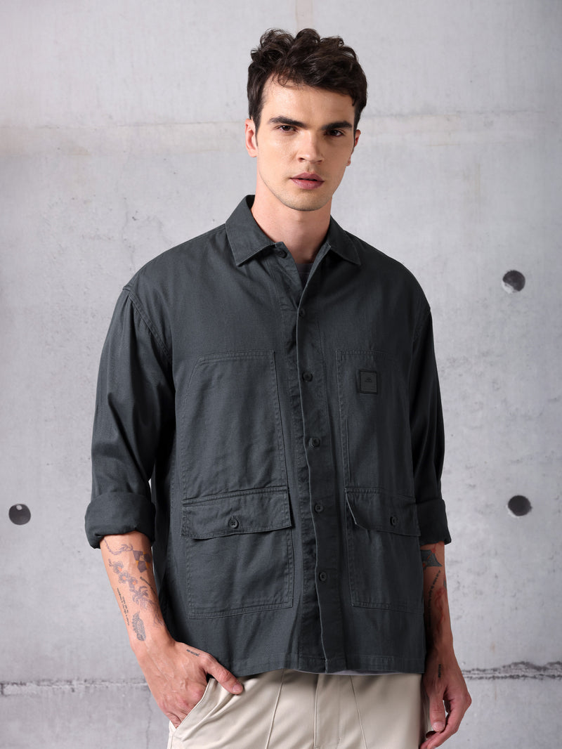 Solid Cotton Twill Shirt for Men - Dark Grey
