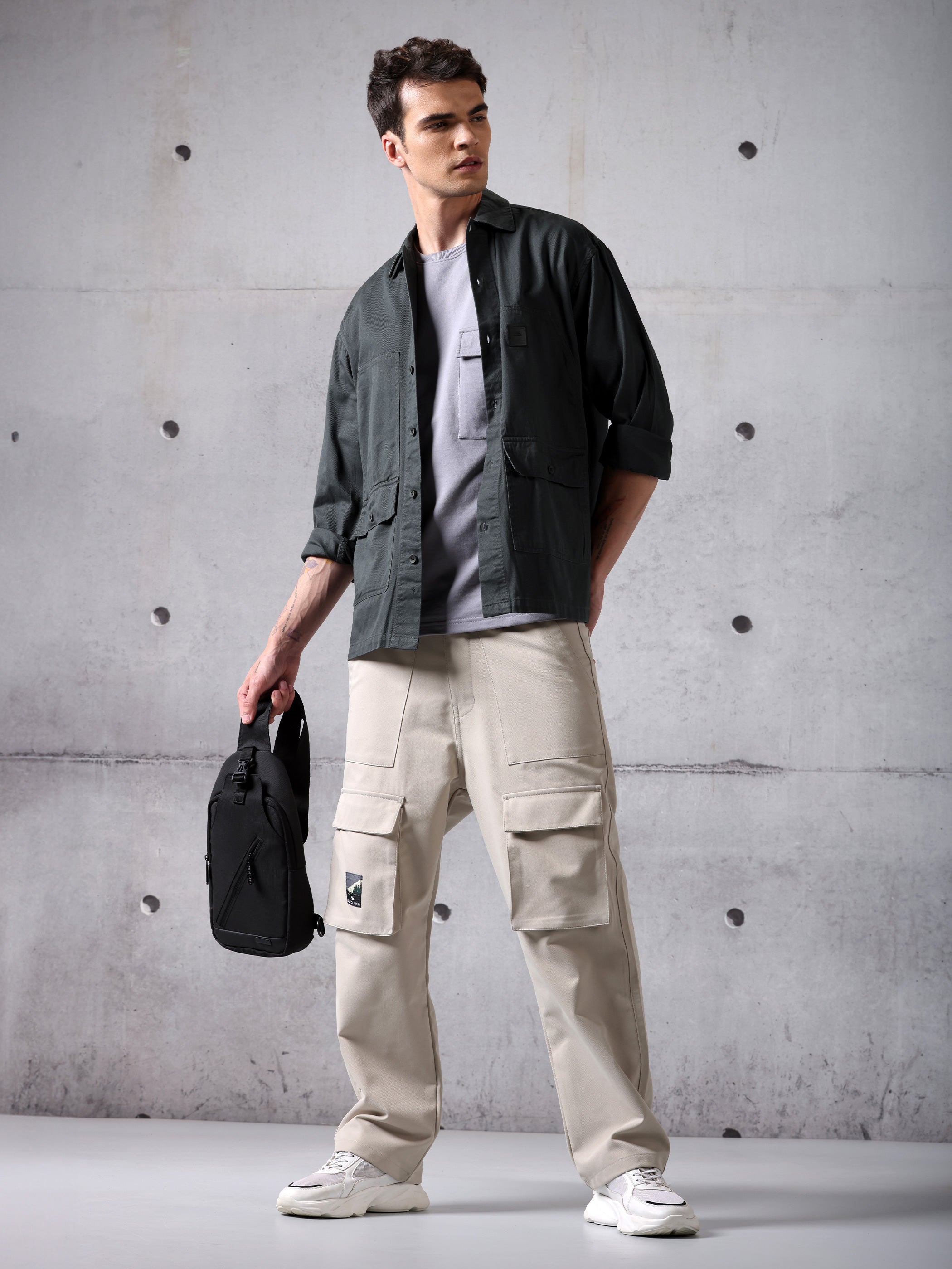 Solid Cotton Twill Shirt for Men - Dark Grey