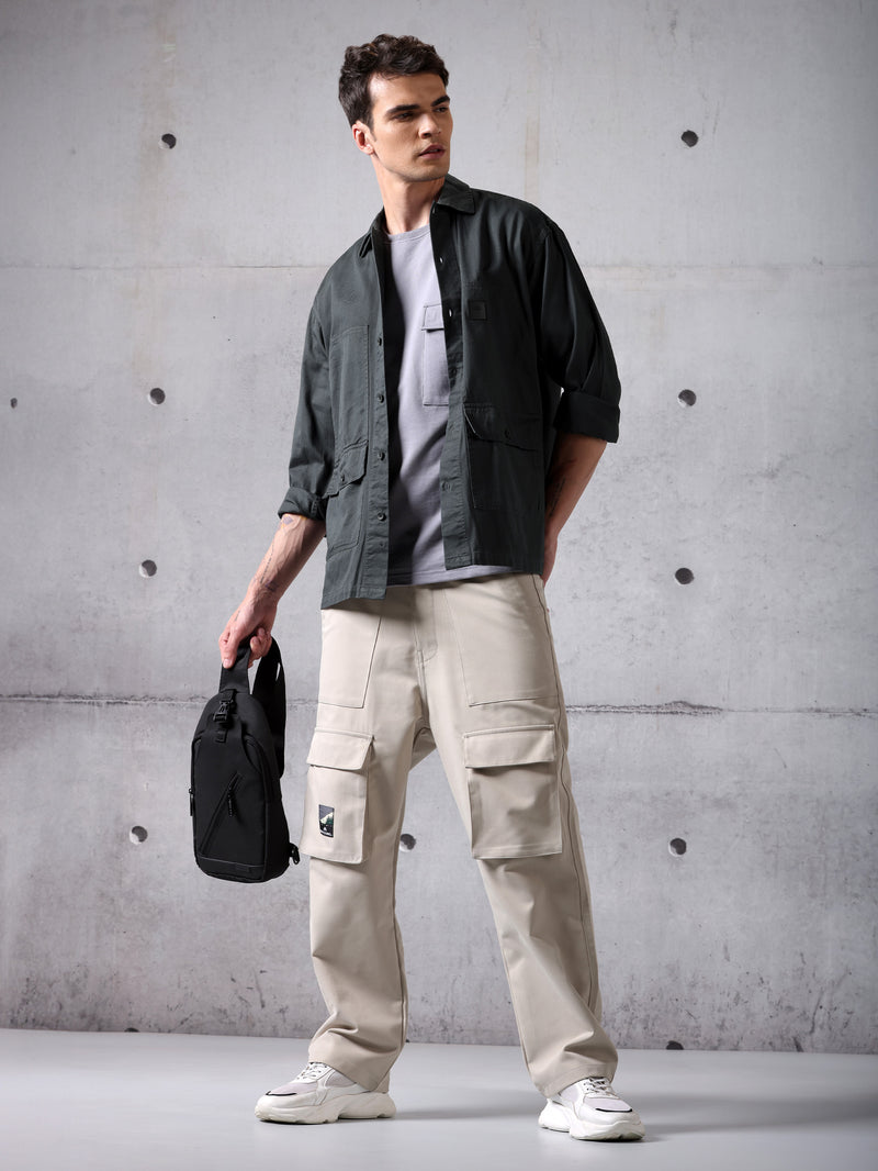Solid Cotton Twill Shirt for Men - Dark Grey