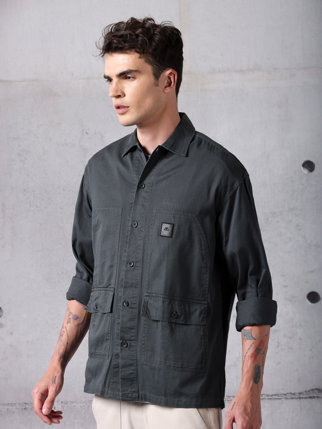 Solid Cotton Twill Shirt for Men - Dark Grey