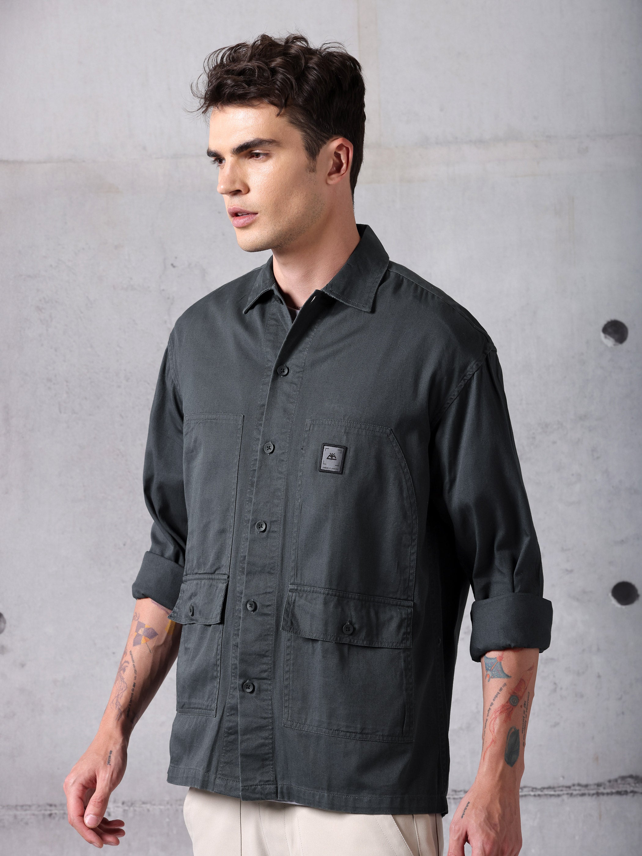Solid Cotton Twill Shirt for Men - Dark Grey