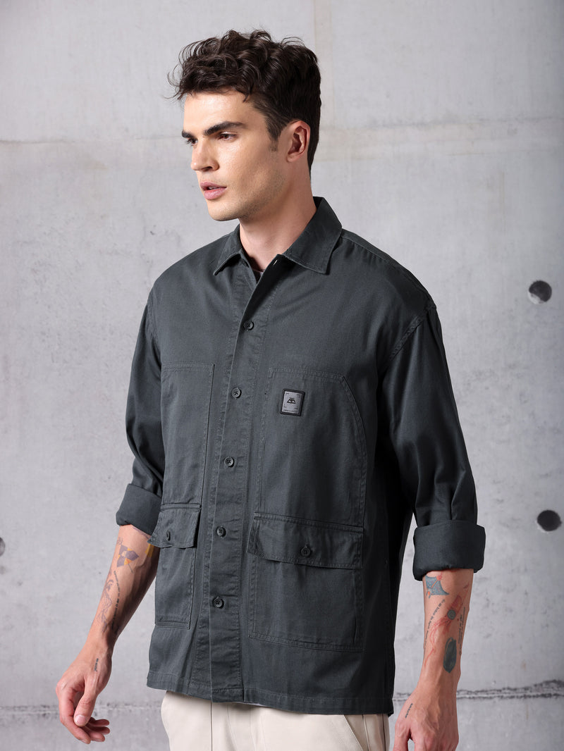 Solid Cotton Twill Shirt for Men - Dark Grey
