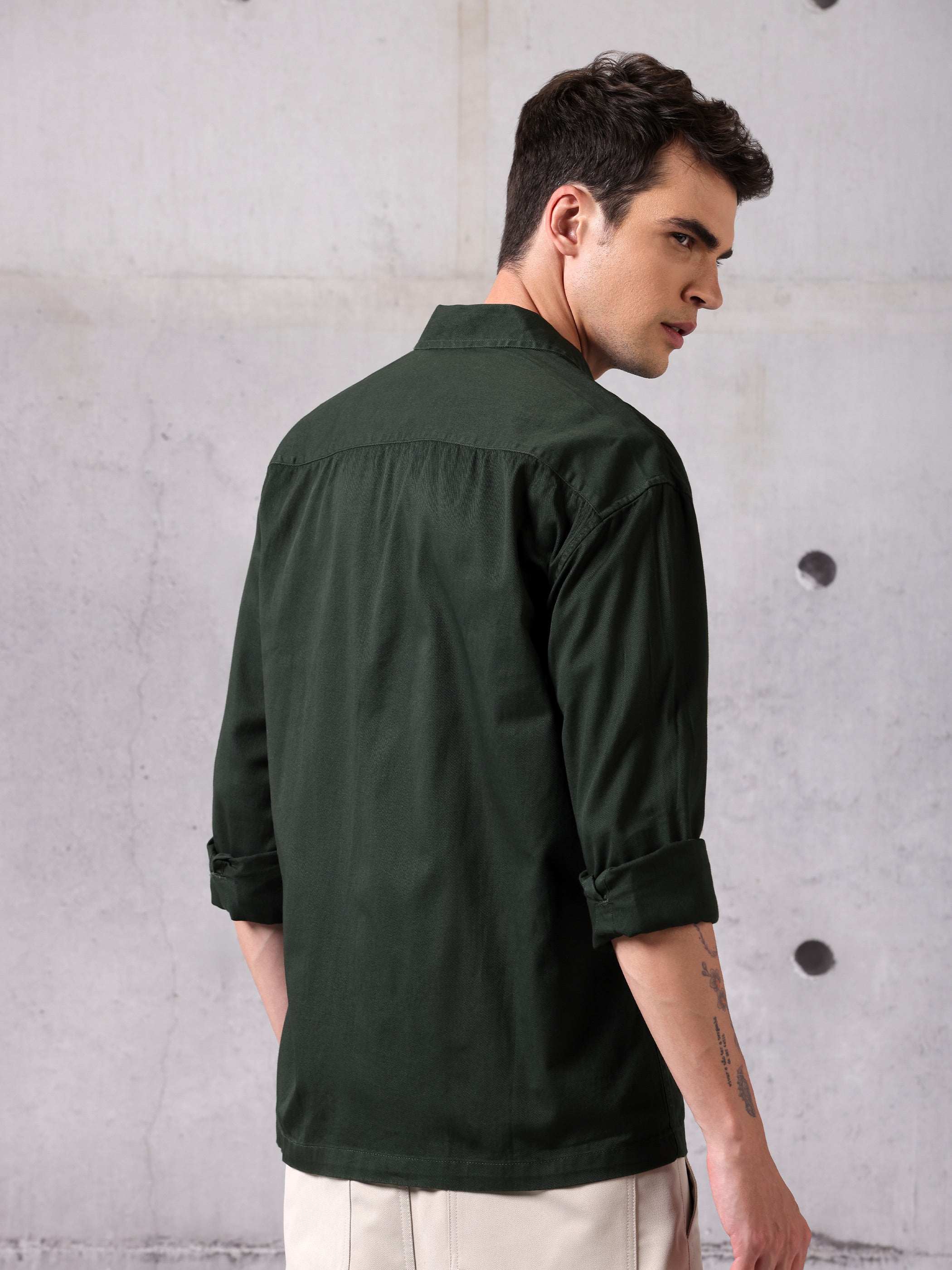 Solid Cotton Twill Shirt for Men - Dark Olive Green