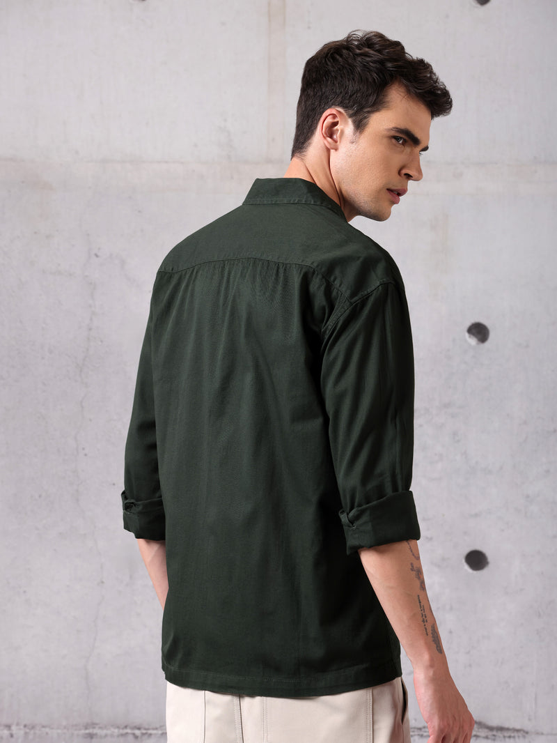 Solid Cotton Twill Shirt for Men - Dark Olive Green