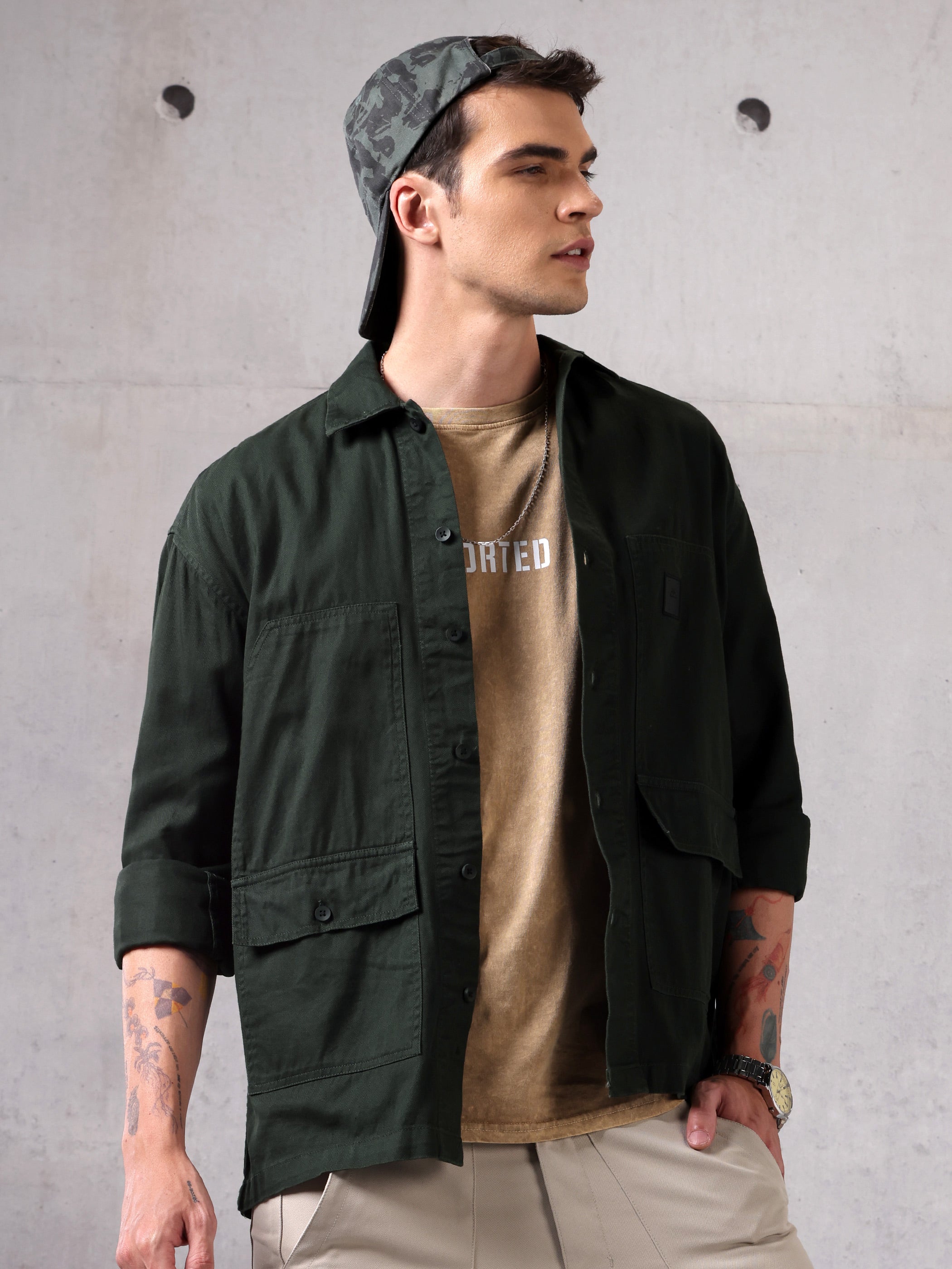Solid Cotton Twill Shirt for Men - Dark Olive Green
