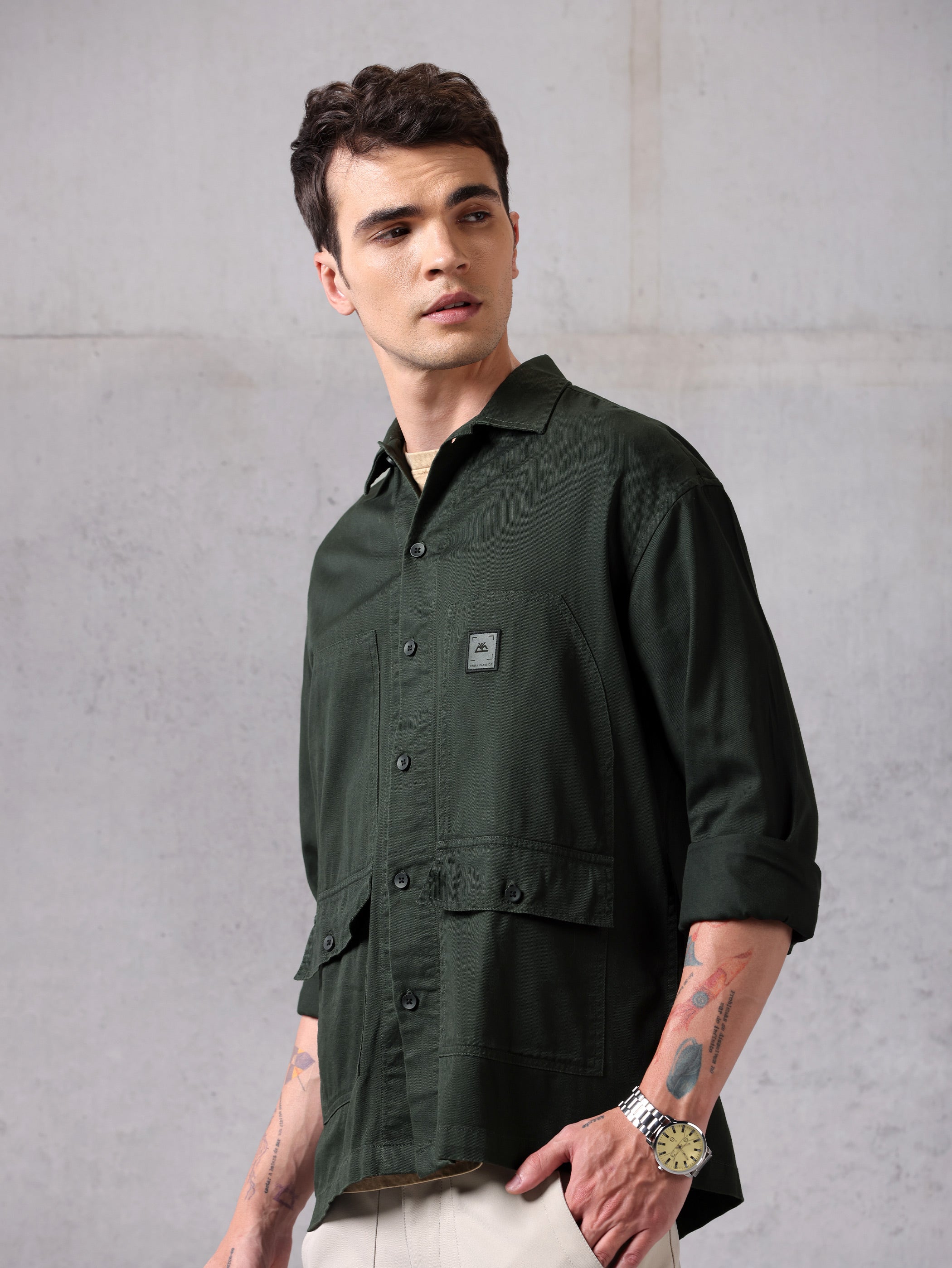 Solid Cotton Twill Shirt for Men - Dark Olive Green