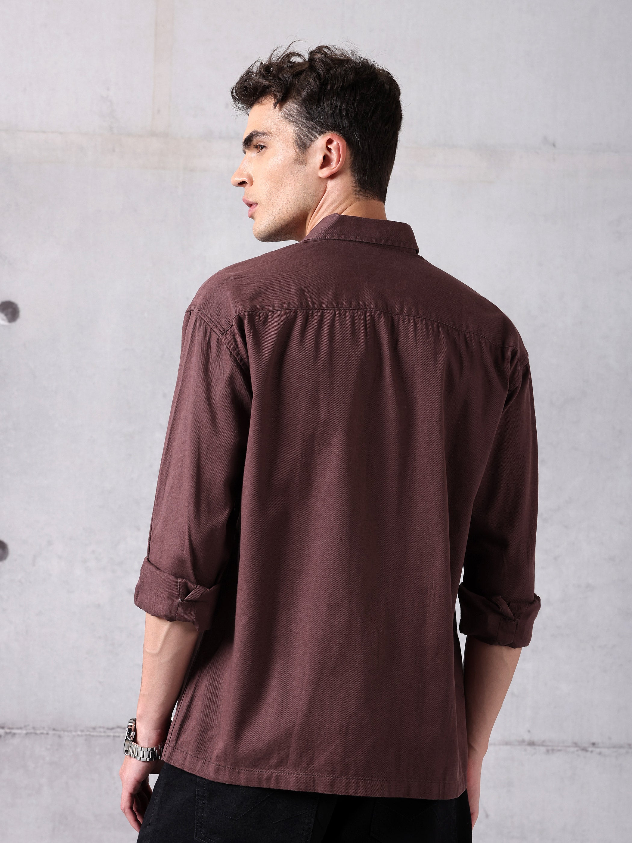 Solid Cotton Twill Shirt for Men - Caramel Brown