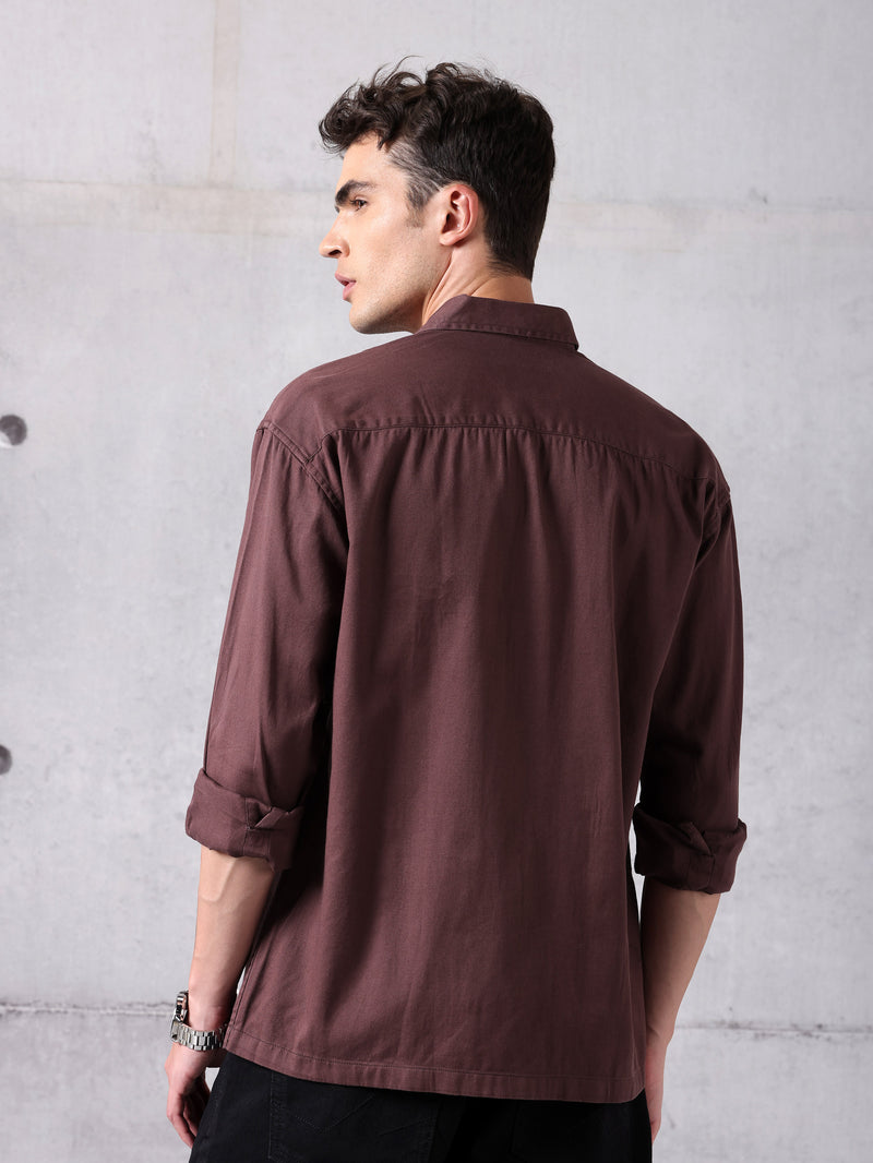Solid Cotton Twill Shirt for Men - Caramel Brown