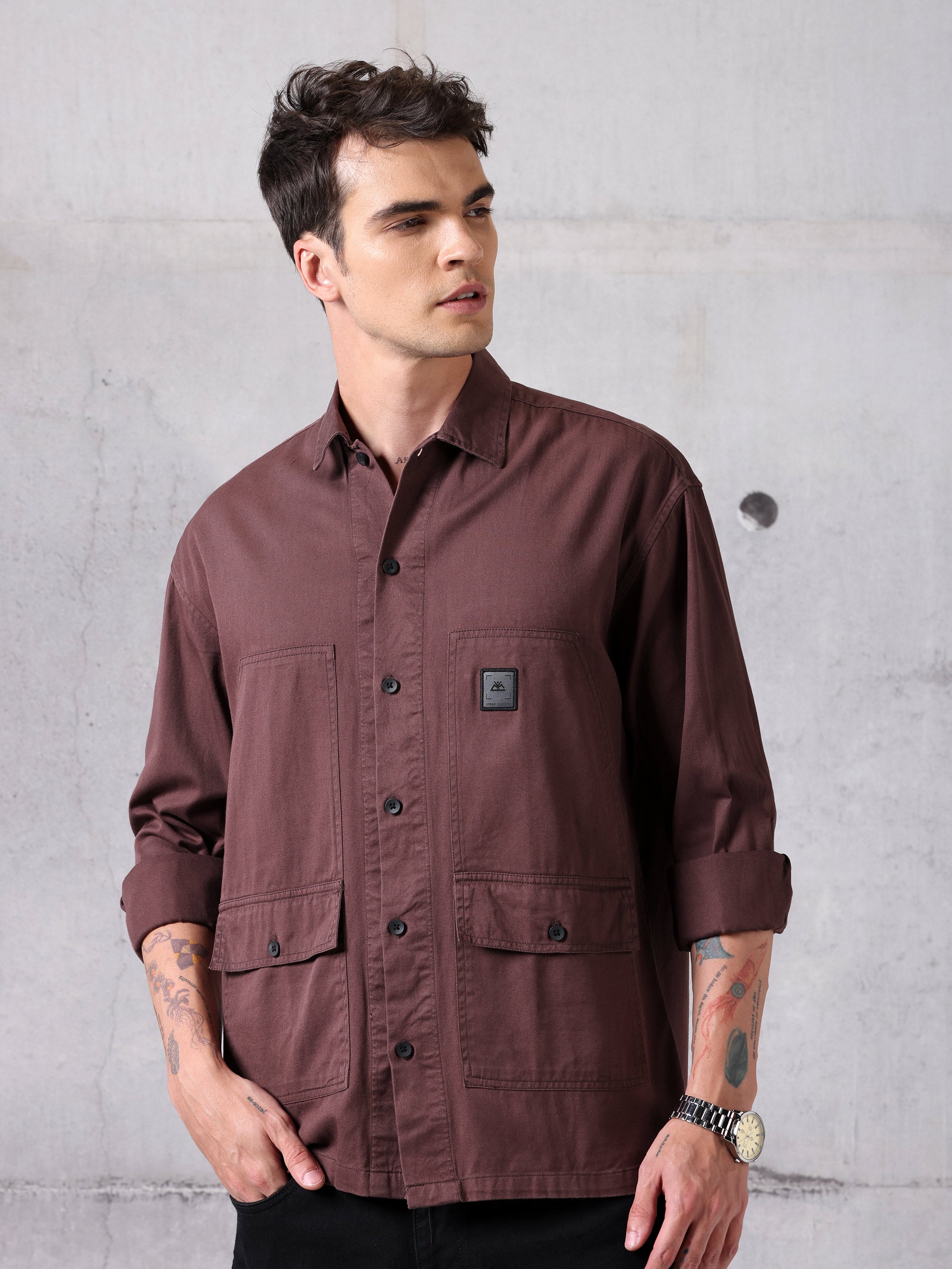 Solid Cotton Twill Shirt for Men - Caramel Brown