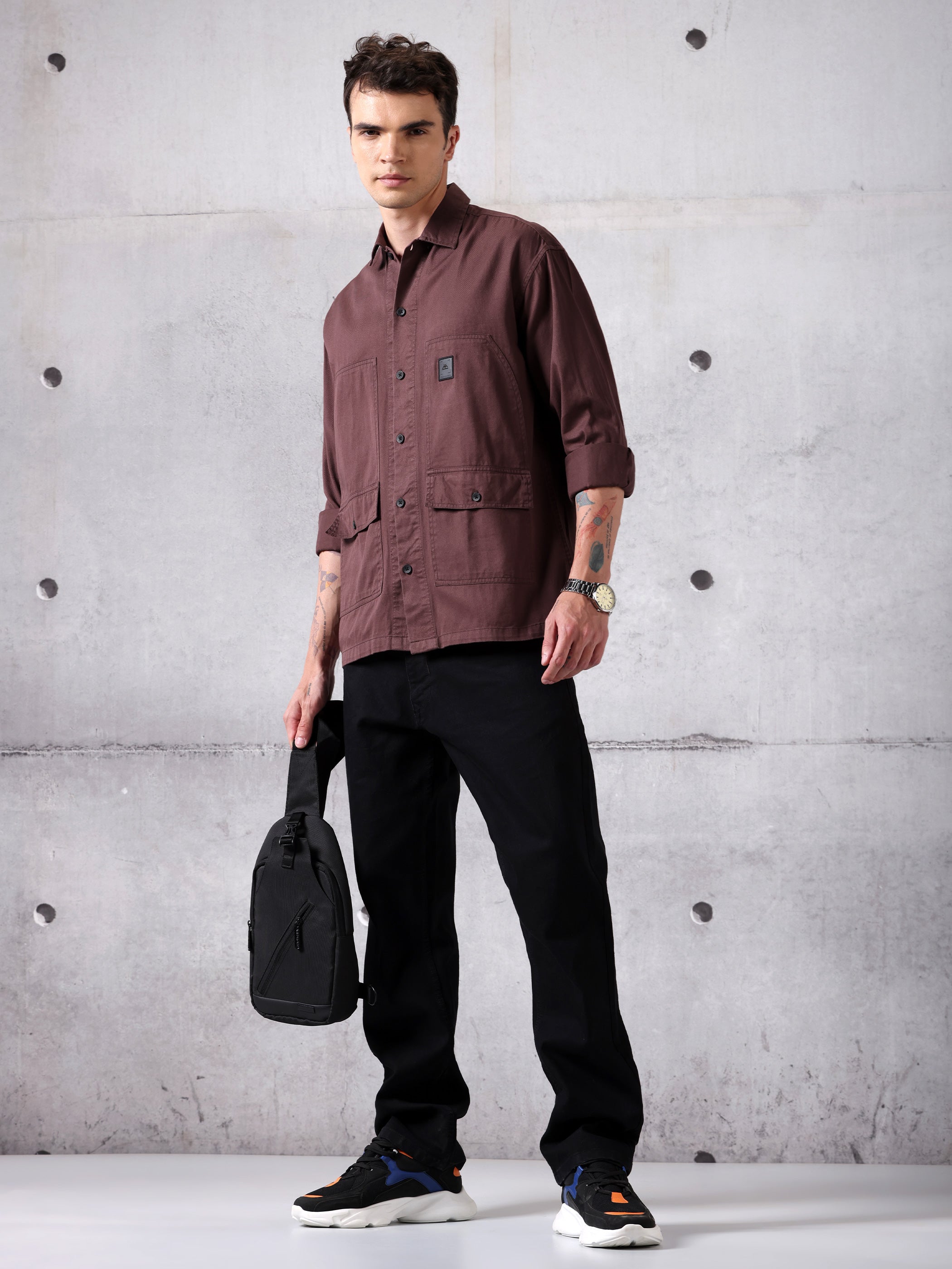 Solid Cotton Twill Shirt for Men - Caramel Brown