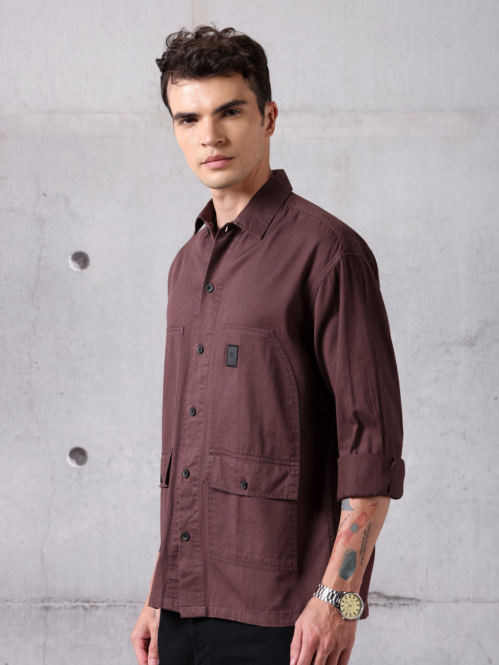 Solid Cotton Twill Shirt for Men - Caramel Brown