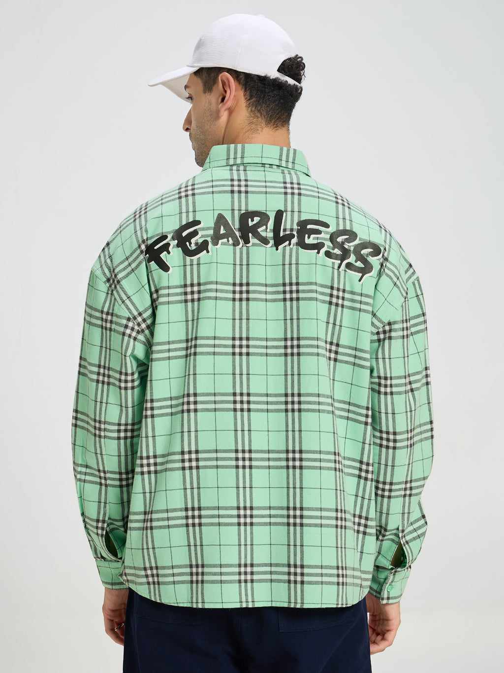 Men Oversized Fit Checkered Club Collar Casual Shirt  - Mint Green Plaid
