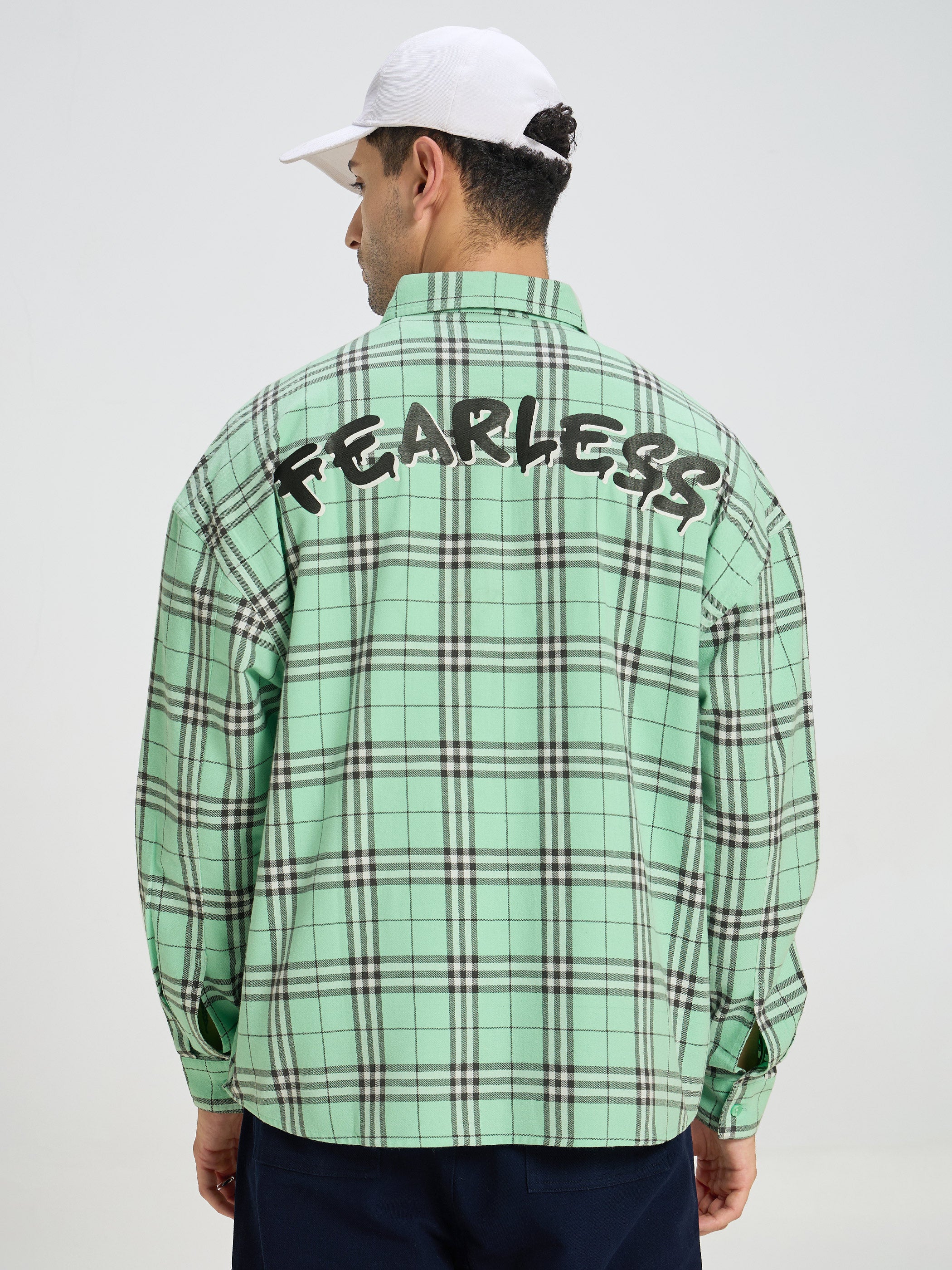 Men Oversized Fit Checkered Club Collar Casual Shirt  - Mint Green Plaid