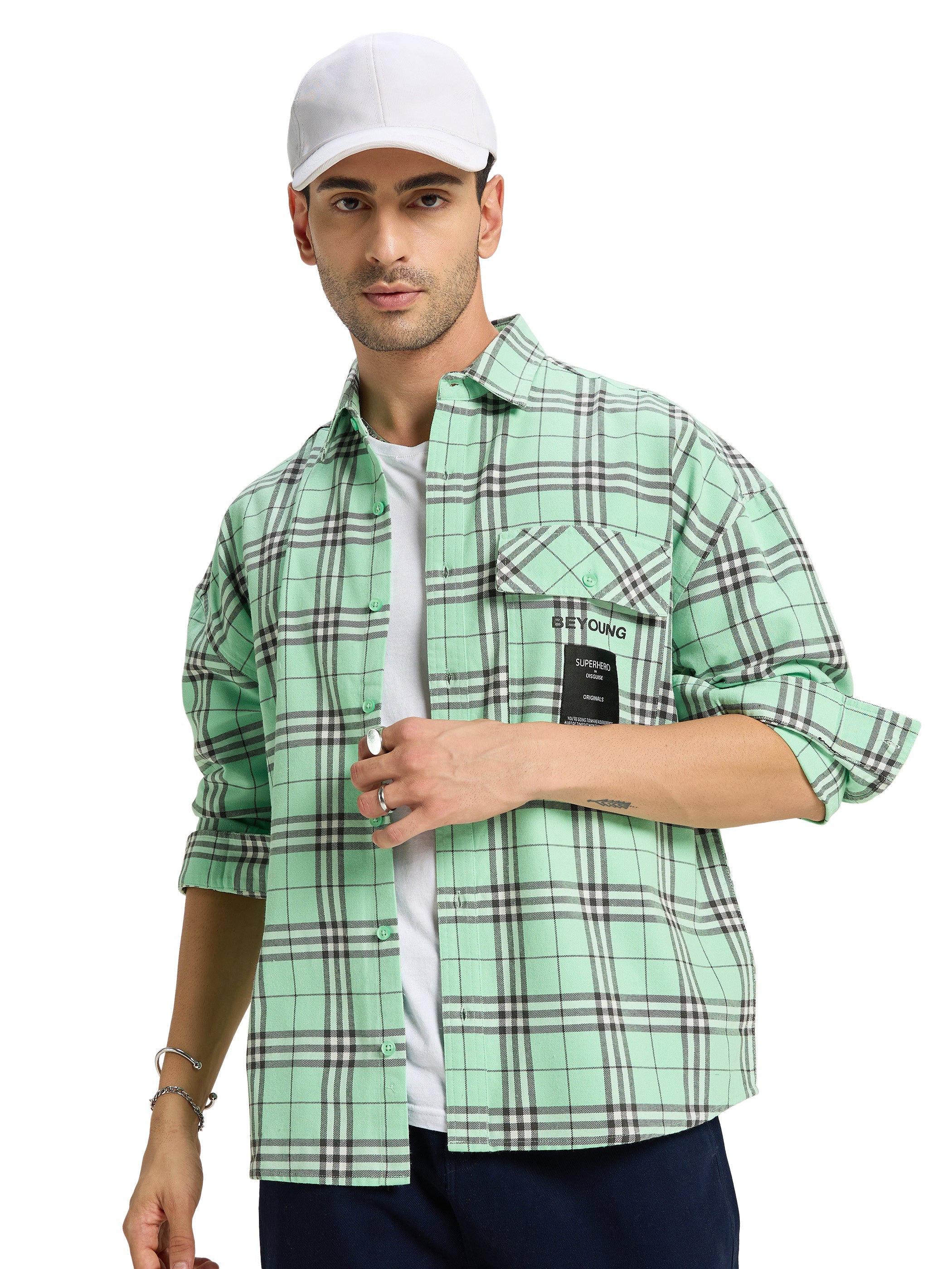 Men Oversized Fit Checkered Club Collar Casual Shirt  - Mint Green Plaid