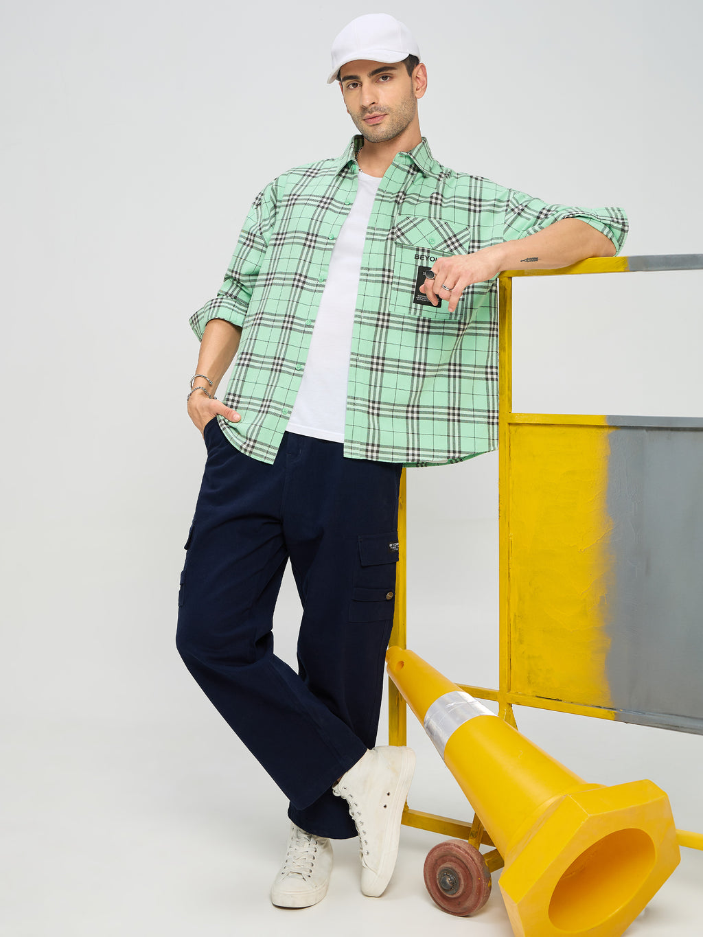 Men Oversized Fit Checkered Club Collar Casual Shirt  - Mint Green Plaid