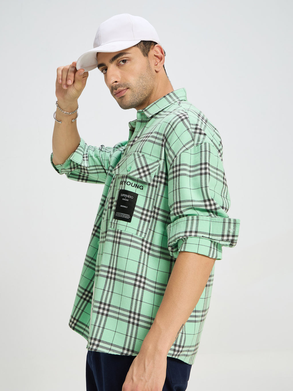 Men Oversized Fit Checkered Club Collar Casual Shirt  - Mint Green Plaid