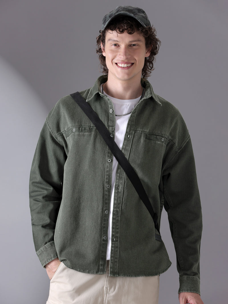 Over Dyed Shirt For Men - Deep Olive