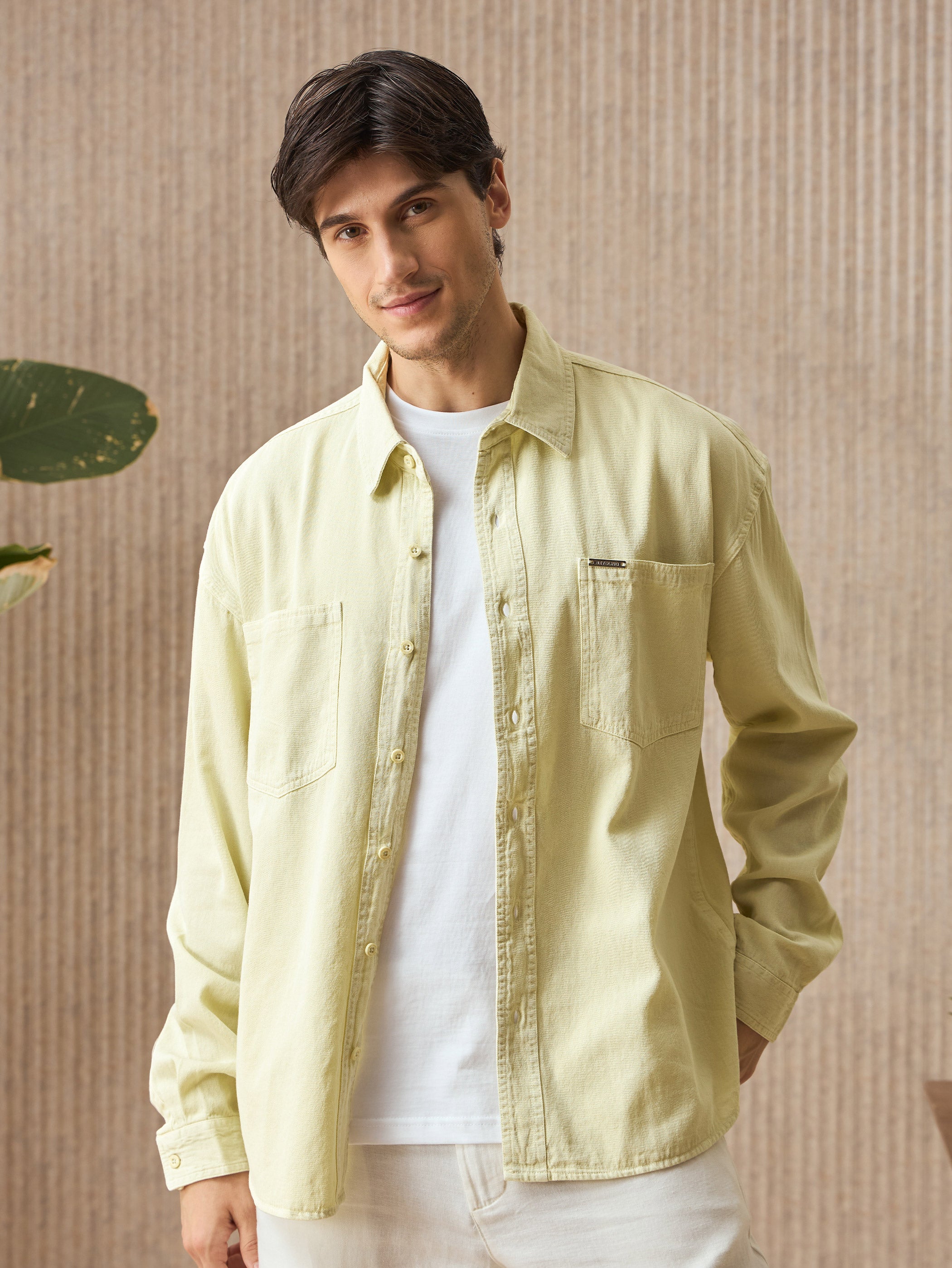Over Dyed Shirt For Men - Light Yellow
